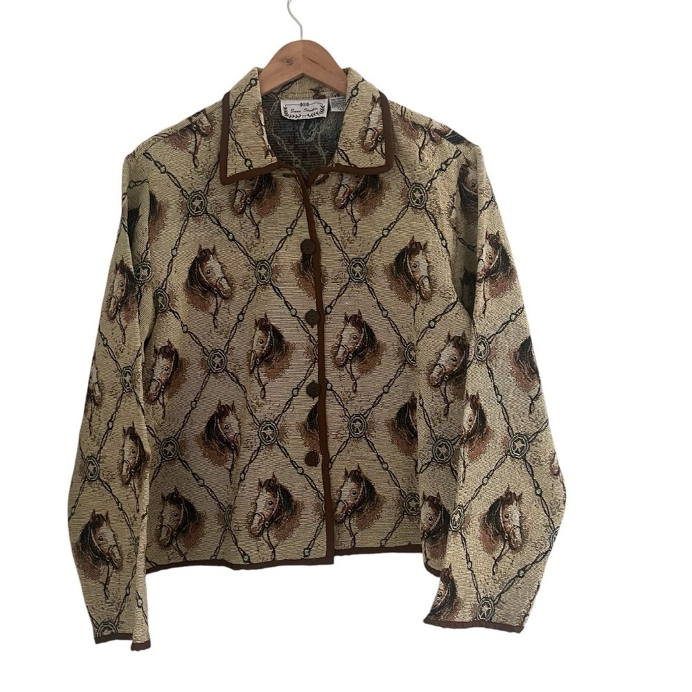 Sara Studio Women L 1990S HORSE PORTRAIT TAPESTRY CROPPED JACKET Equestrian NWT